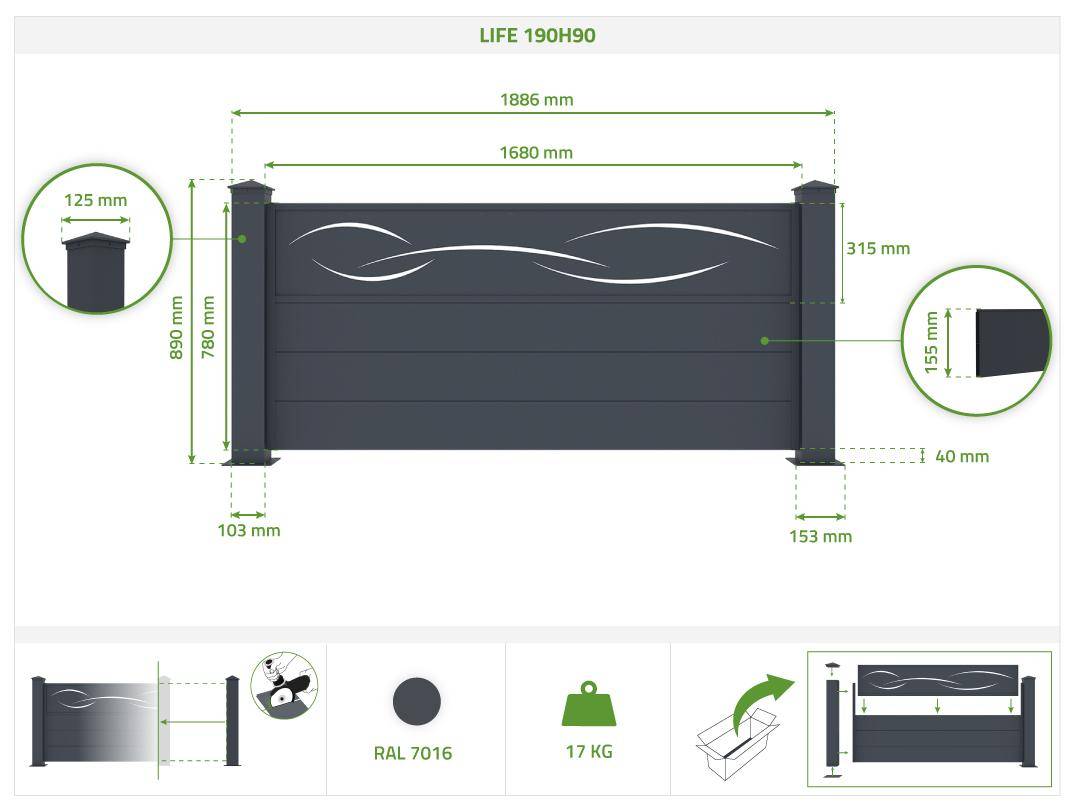 Casanoov Lot de 5 kits de clôture aluminium LIFE H.90   cm - kits complet 9.5 m - Image 2