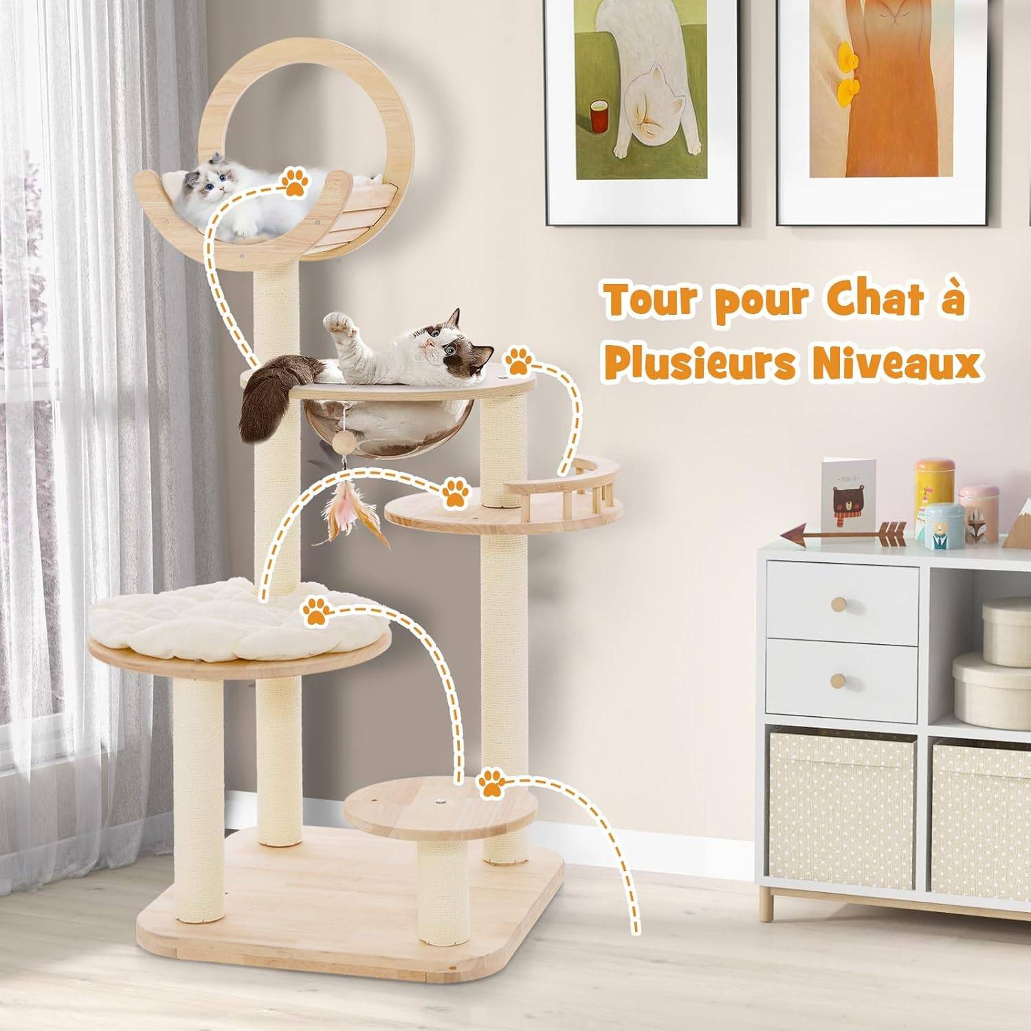 COSTWAY Arbre à Chat en Bois Convertible 4 en 1, Grande Tour à Chat en Blocs de Construction avec Condo, Hublot et Griffoir, Jouet Suspend, Beige - Image 3