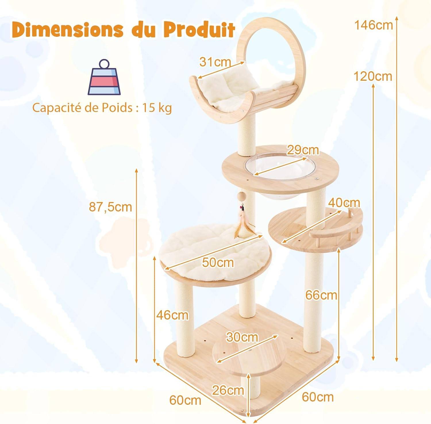 COSTWAY Arbre à Chat en Bois Convertible 4 en 1, Grande Tour à Chat en Blocs de Construction avec Condo, Hublot et Griffoir, Jouet Suspend, Beige - Image 9