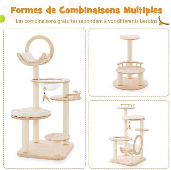 COSTWAY Arbre à Chat en Bois Convertible 4 en 1, Grande Tour à Chat en Blocs de Construction avec Condo, Hublot et Griffoir, Jouet Suspend, Beige - Image 4