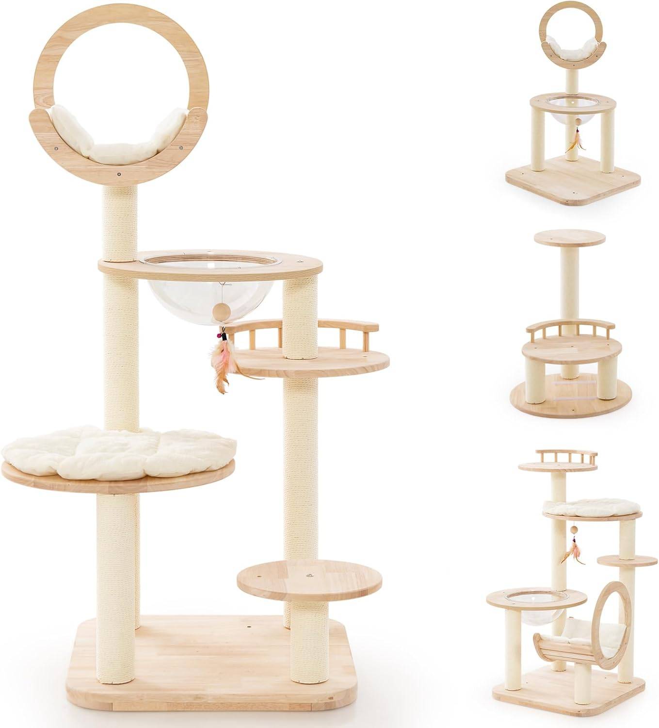 COSTWAY Arbre à Chat en Bois Convertible 4 en 1, Grande Tour à Chat en Blocs de Construction avec Condo, Hublot et Griffoir, Jouet Suspend, Beige - Image 1