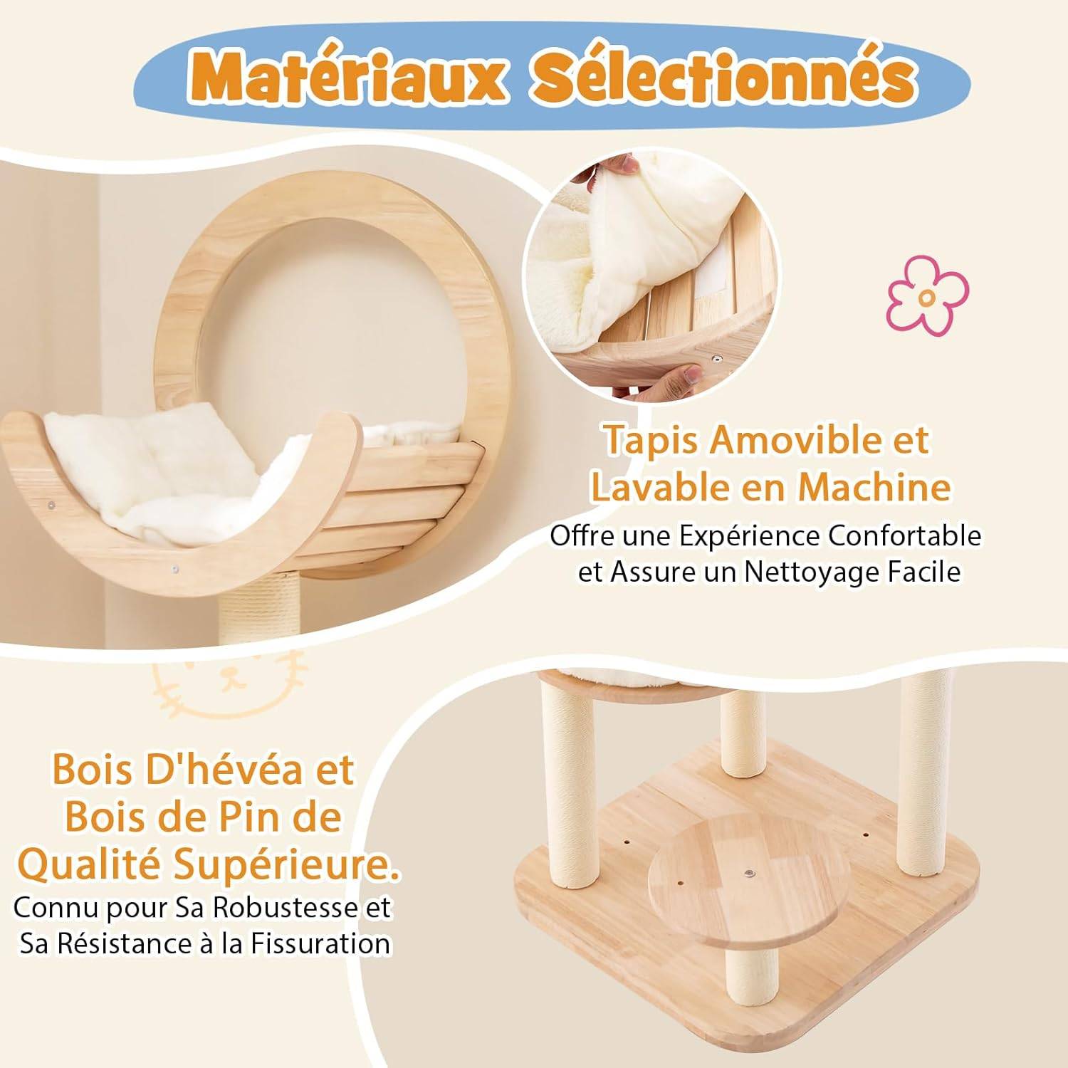 COSTWAY Arbre à Chat en Bois Convertible 4 en 1, Grande Tour à Chat en Blocs de Construction avec Condo, Hublot et Griffoir, Jouet Suspend, Beige - Image 7
