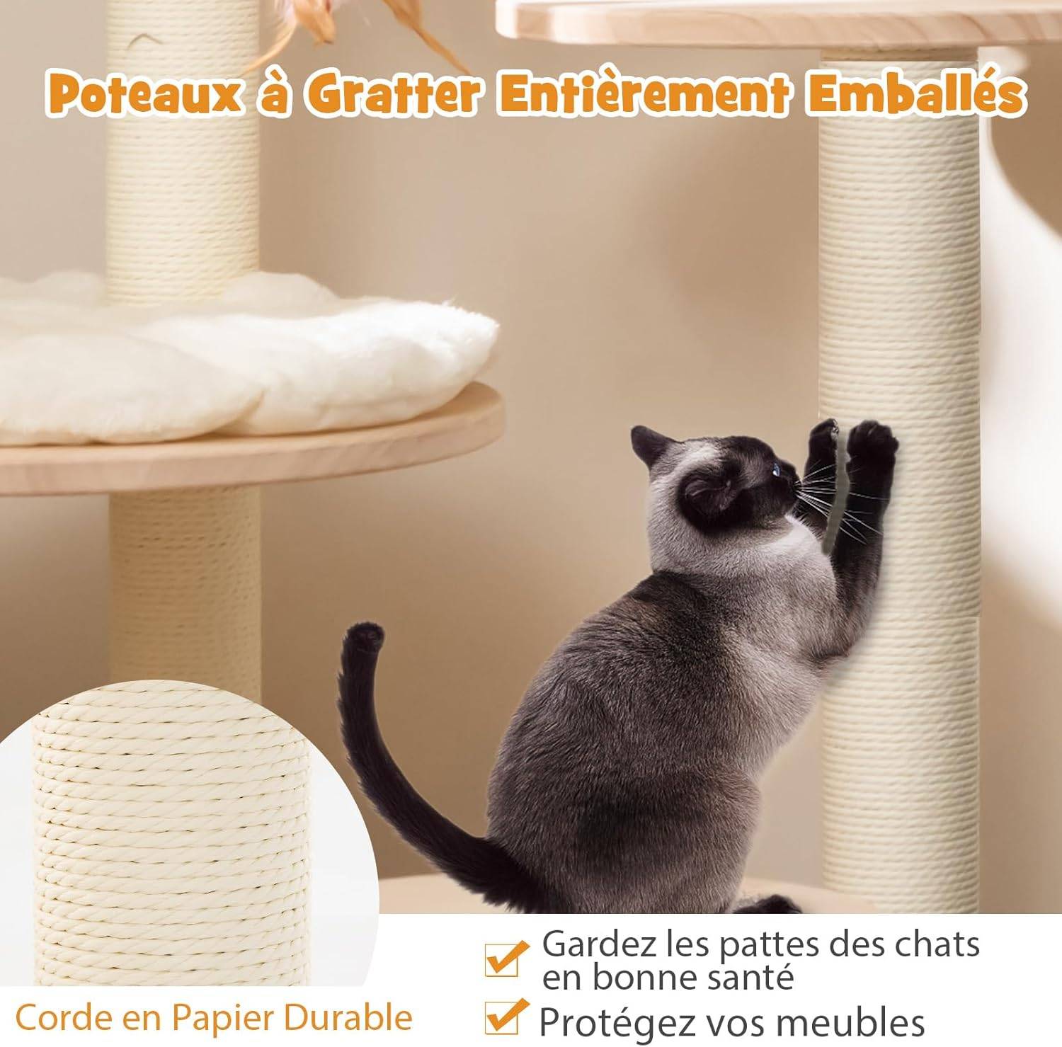 COSTWAY Arbre à Chat en Bois Convertible 4 en 1, Grande Tour à Chat en Blocs de Construction avec Condo, Hublot et Griffoir, Jouet Suspend, Beige - Image 6