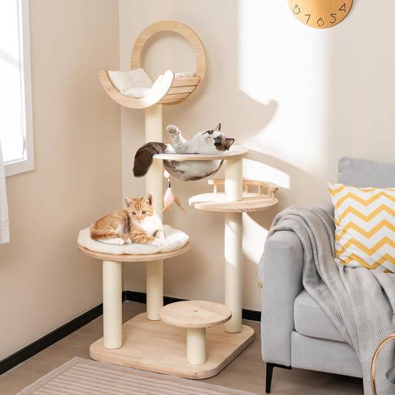 COSTWAY Arbre à Chat en Bois Convertible 4 en 1, Grande Tour à Chat en Blocs de Construction avec Condo, Hublot et Griffoir, Jouet Suspend, Beige - Image 2