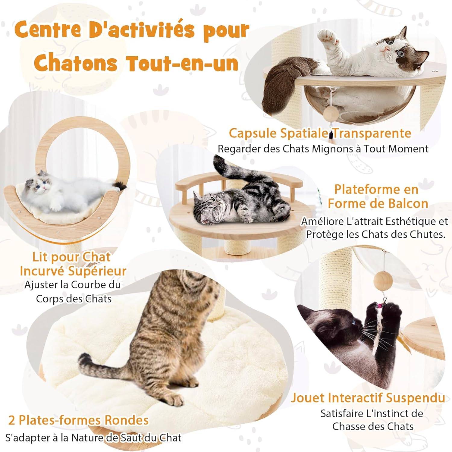 COSTWAY Arbre à Chat en Bois Convertible 4 en 1, Grande Tour à Chat en Blocs de Construction avec Condo, Hublot et Griffoir, Jouet Suspend, Beige - Image 5
