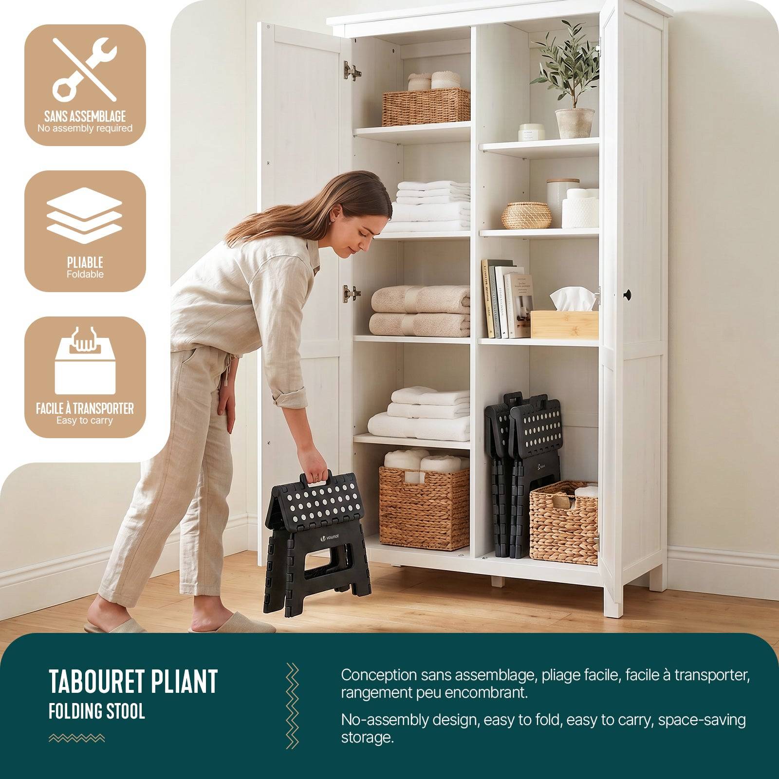 Tabouret pliant portable 32x25x22cm - Marchepied pliable antidérapant avec poignée - Plastique - Noir - VOUNOT® - Image 5