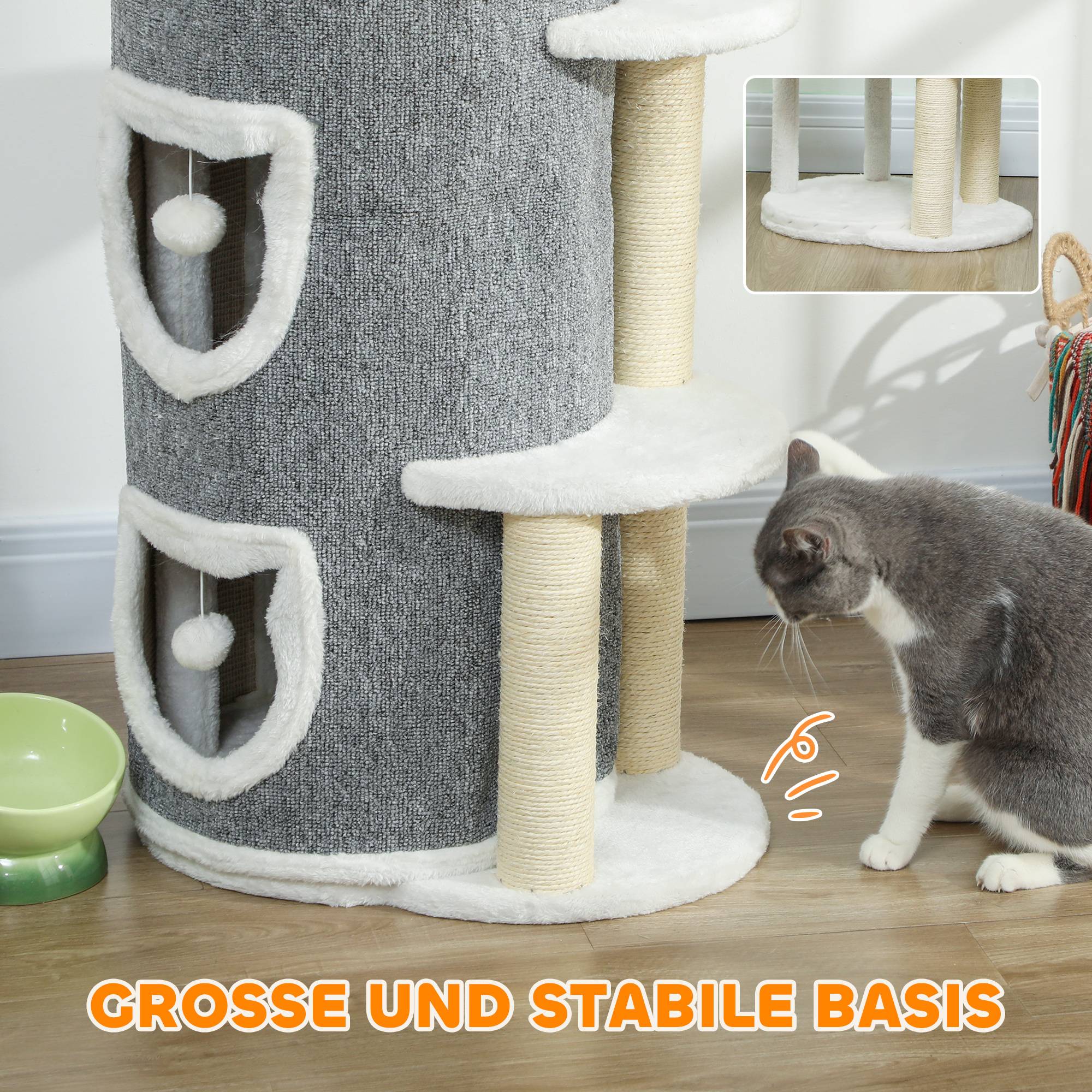 ComfortXL - Tour griffoir pour chat aggloméré 50 x 36 x 101 cm grise 3 niveaux avec niches jouets et poteaux en sisal - Image 6