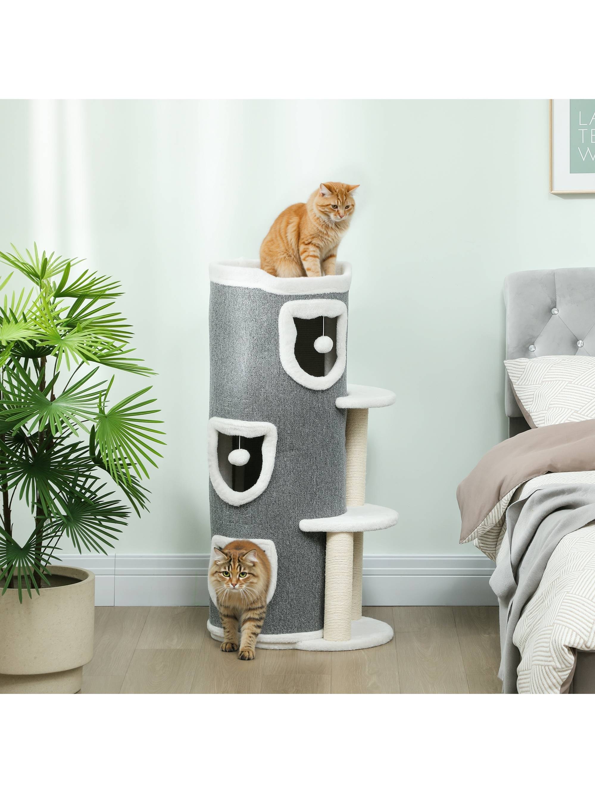 ComfortXL - Tour griffoir pour chat aggloméré 50 x 36 x 101 cm grise 3 niveaux avec niches jouets et poteaux en sisal - Image 10