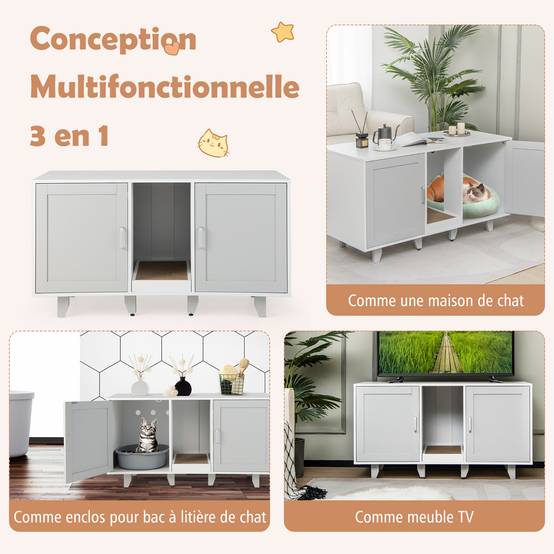 Maison de Toilettes pour Chat à Double Portes, Meuble à Litière en Bois(Gris) - Image 7