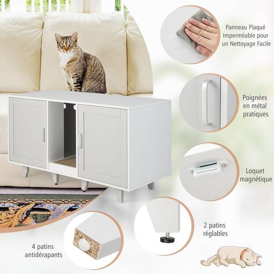 Maison de Toilettes pour Chat à Double Portes, Meuble à Litière en Bois(Gris) - Image 4