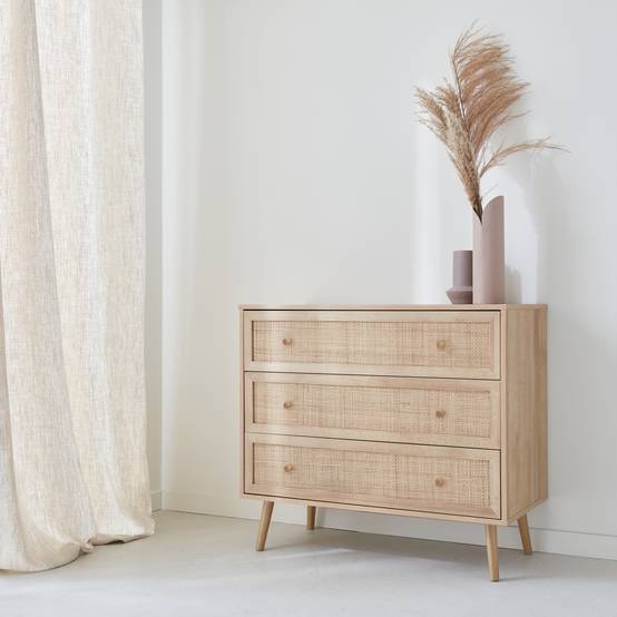 Commode en décor bois et cannage 90x39x79cm - Bohème - 3 tiroirs | sweeek - Image 1