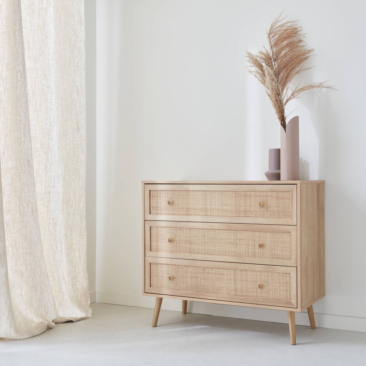 Commode en décor bois et cannage 90x39x79cm - Bohème - 3 tiroirs | sweeek - Image 1