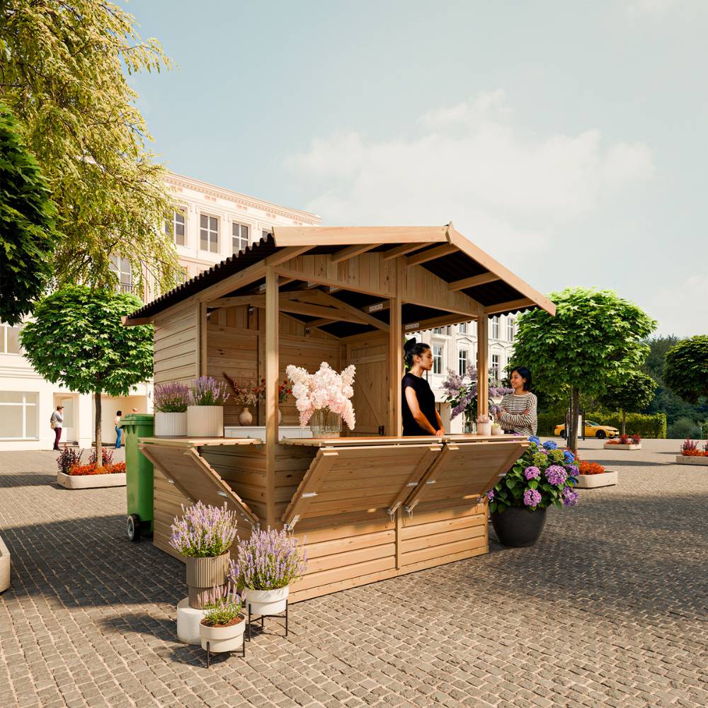 Timbela - Kiosque en bois - 4 m² - 263x253xH232 cm - Stand de vente en bois - avec 4 fenêtres de vente - 17 mm d’épaisseur - Timbela M149B - Image 1