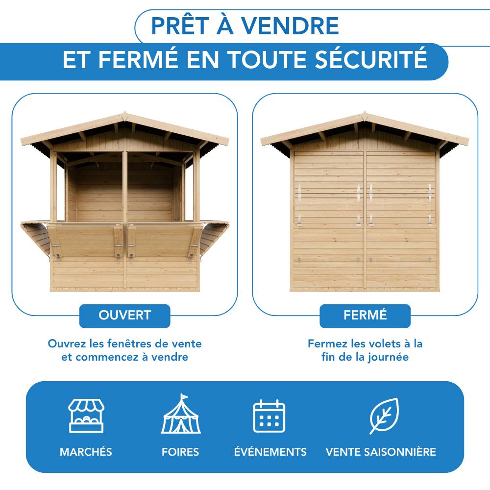 Timbela - Kiosque en bois - 4 m² - 263x253xH232 cm - Stand de vente en bois - avec 4 fenêtres de vente - 17 mm d’épaisseur - Timbela M149B - Image 10