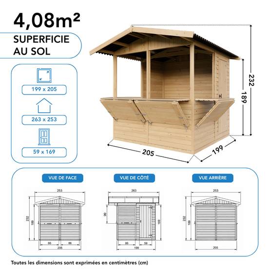 Timbela - Kiosque en bois - 4 m² - 263x253xH232 cm - Stand de vente en bois - avec 4 fenêtres de vente - 17 mm d’épaisseur - Timbela M149B - Image 9
