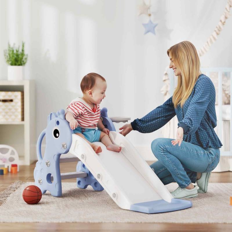 Toboggan enfant 3 en 1 forme girafe avec panier de basket pour 1-3 ans Bleu – ComfortXL Outdoor Living - Image 1