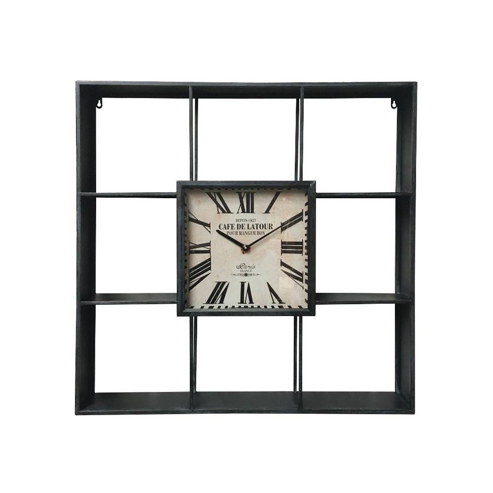 Etagère carrée avec horloge en bois noir et blanc 80 x 80 cm Chemin de campagne