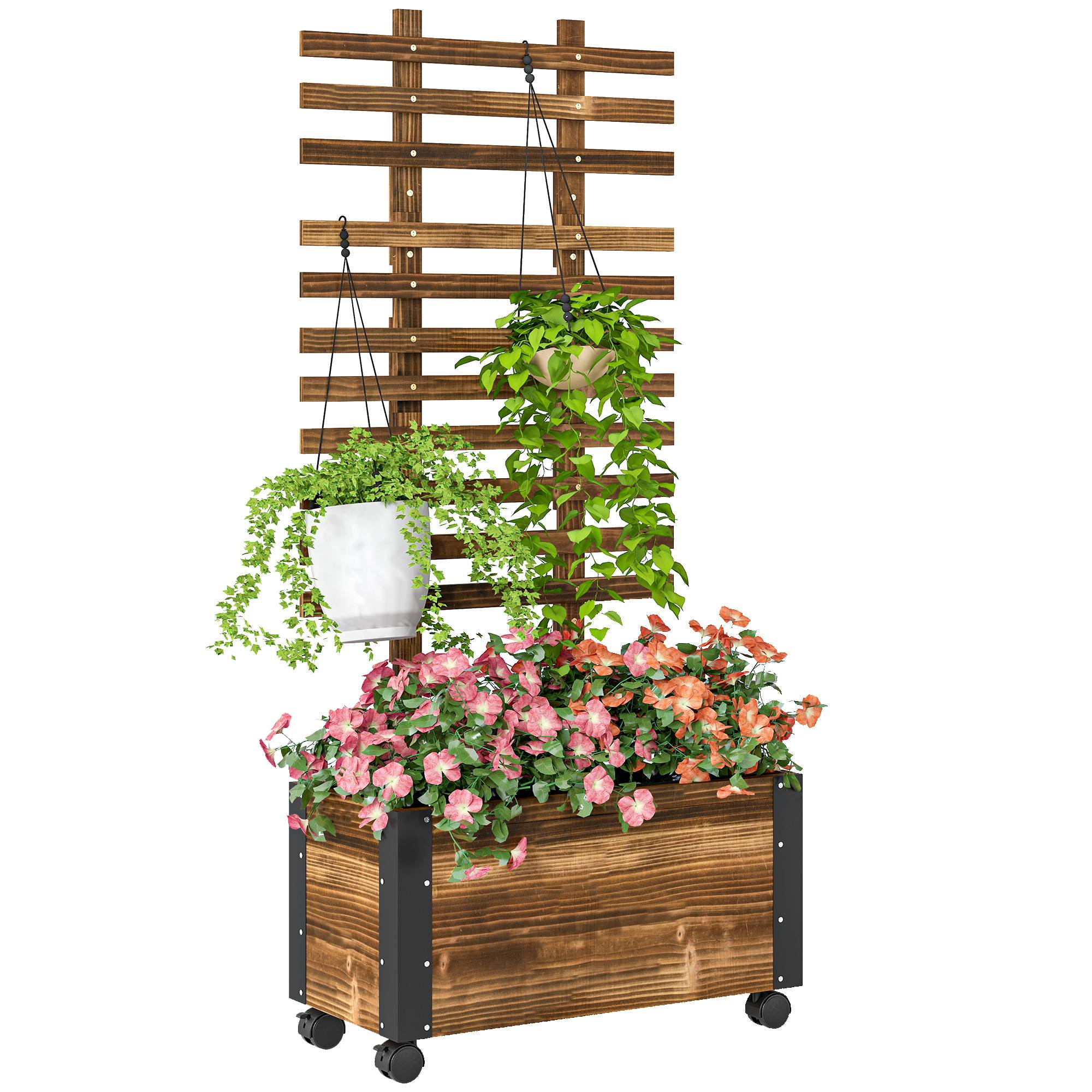 Jardinière à roulettes avec treillis, toile non tissée et coins métalliques double couche, 65 x 31 x 147 cm, carbonisée - Image 1
