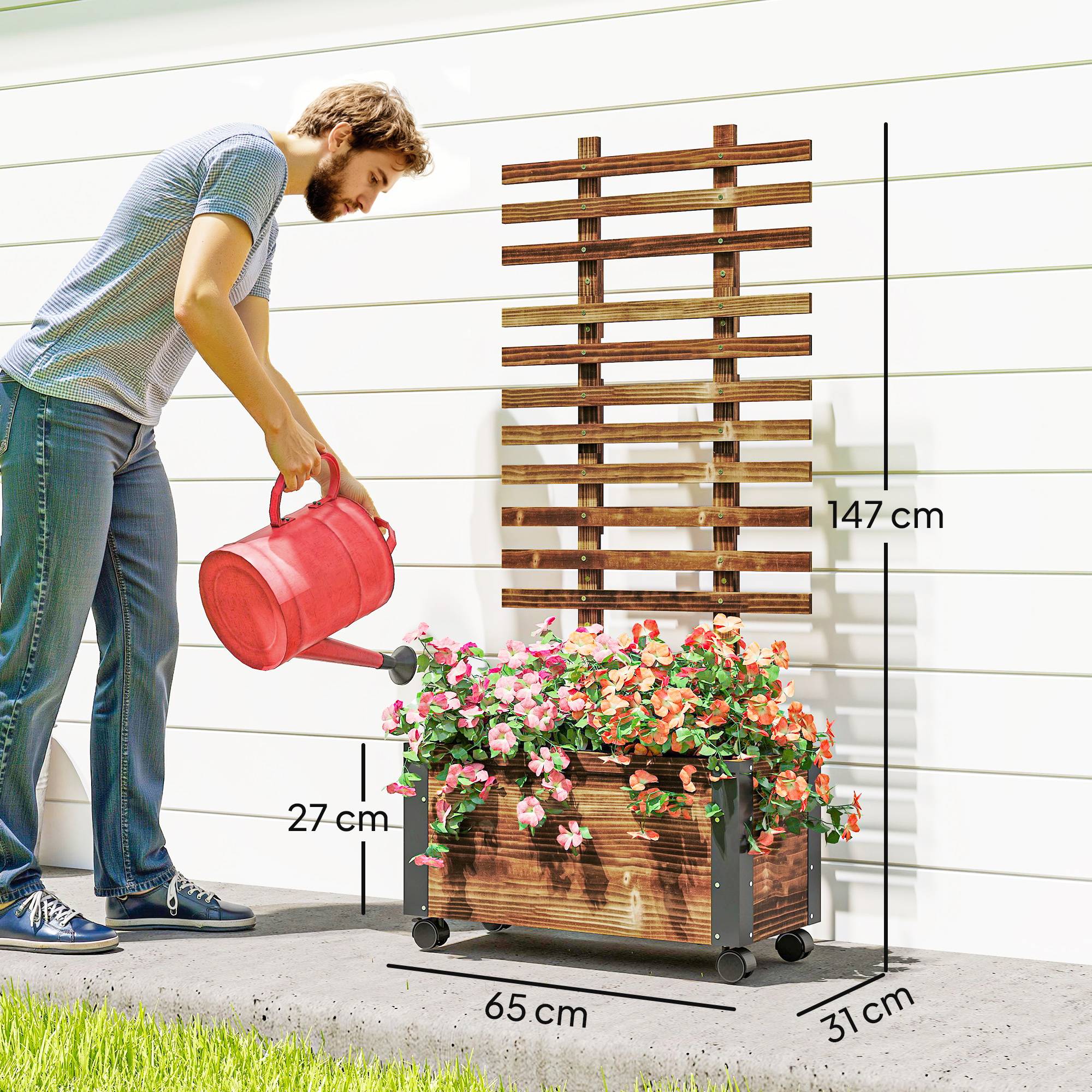 Jardinière à roulettes avec treillis, toile non tissée et coins métalliques double couche, 65 x 31 x 147 cm, carbonisée - Image 5
