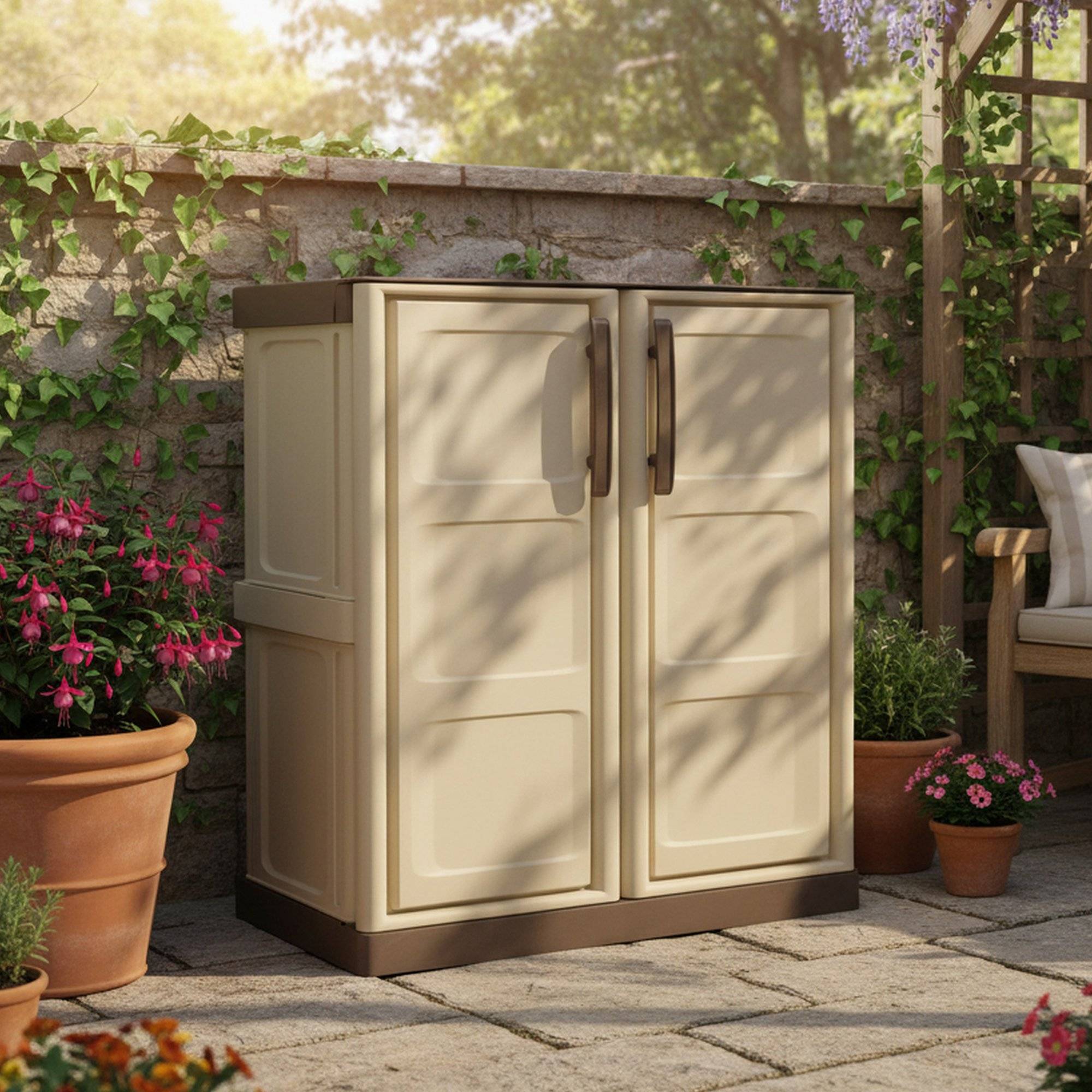 Dmora - Armoire d'extérieur Dambrosi, Armoire de balcon polyvalente, Mobilier d'extérieur avec 2 portes, Beige et Marron, 70x39h86 cm, Finition à carreaux - Imagen 2