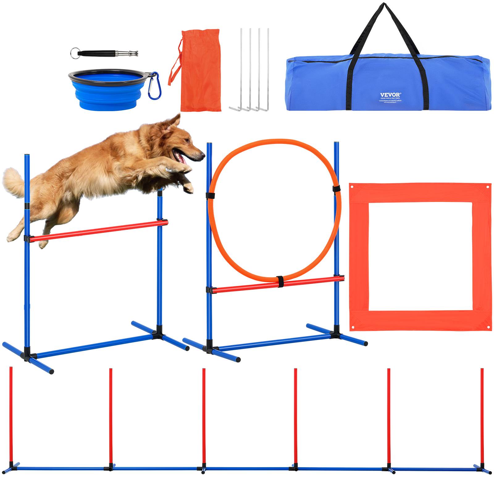 VEVOR Équipements agilité chien, 4 pièces, haies, 6 poteaux. Anneau saut, sifflet, bol.