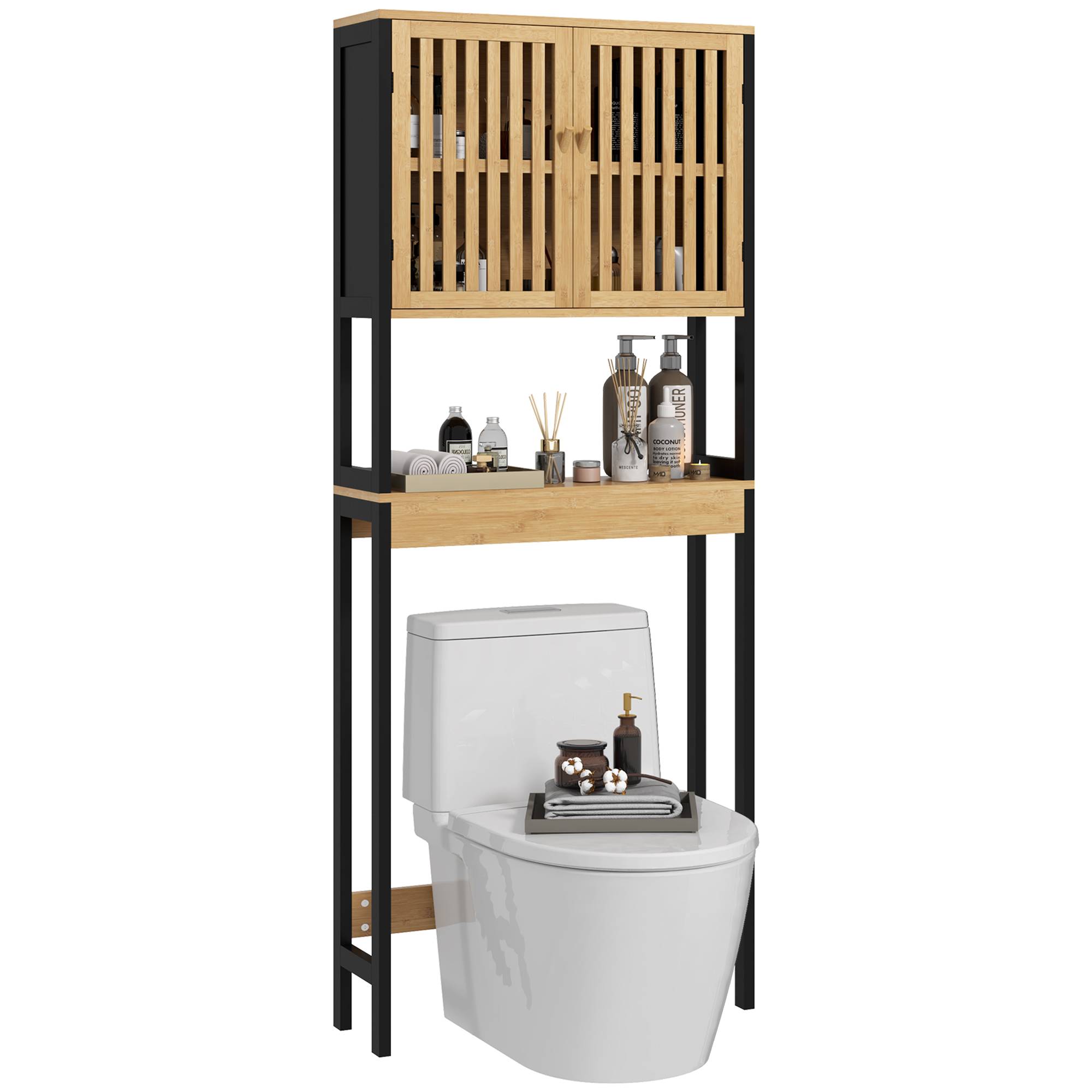 Sans Marque - Meuble toilette 2 portes lattes étagère ouverte 60x21,5x172 cm couleur bois - Image 1