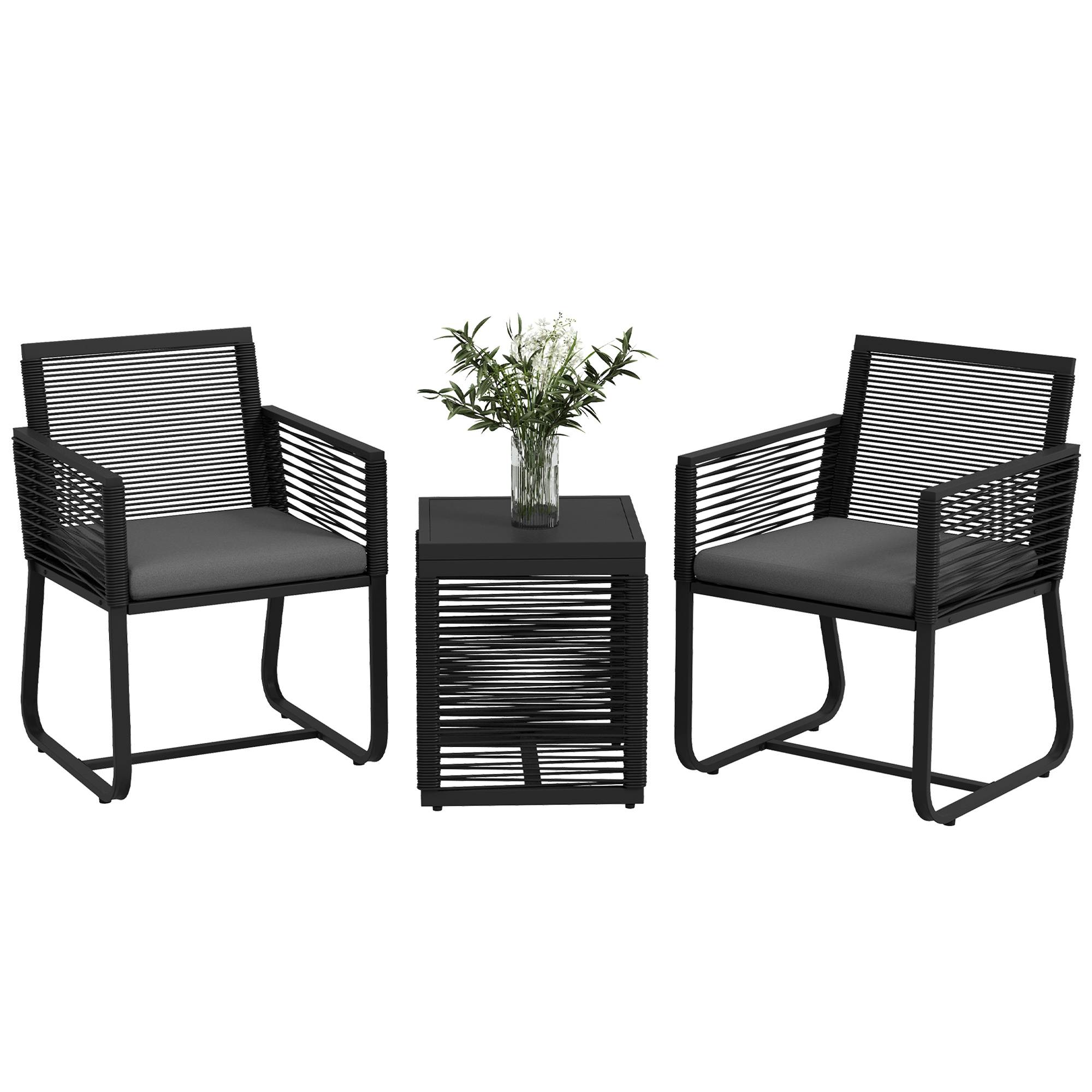Ensemble jardin rotin, 2 chaises avec coussins et table basse verre, noir - Image 1