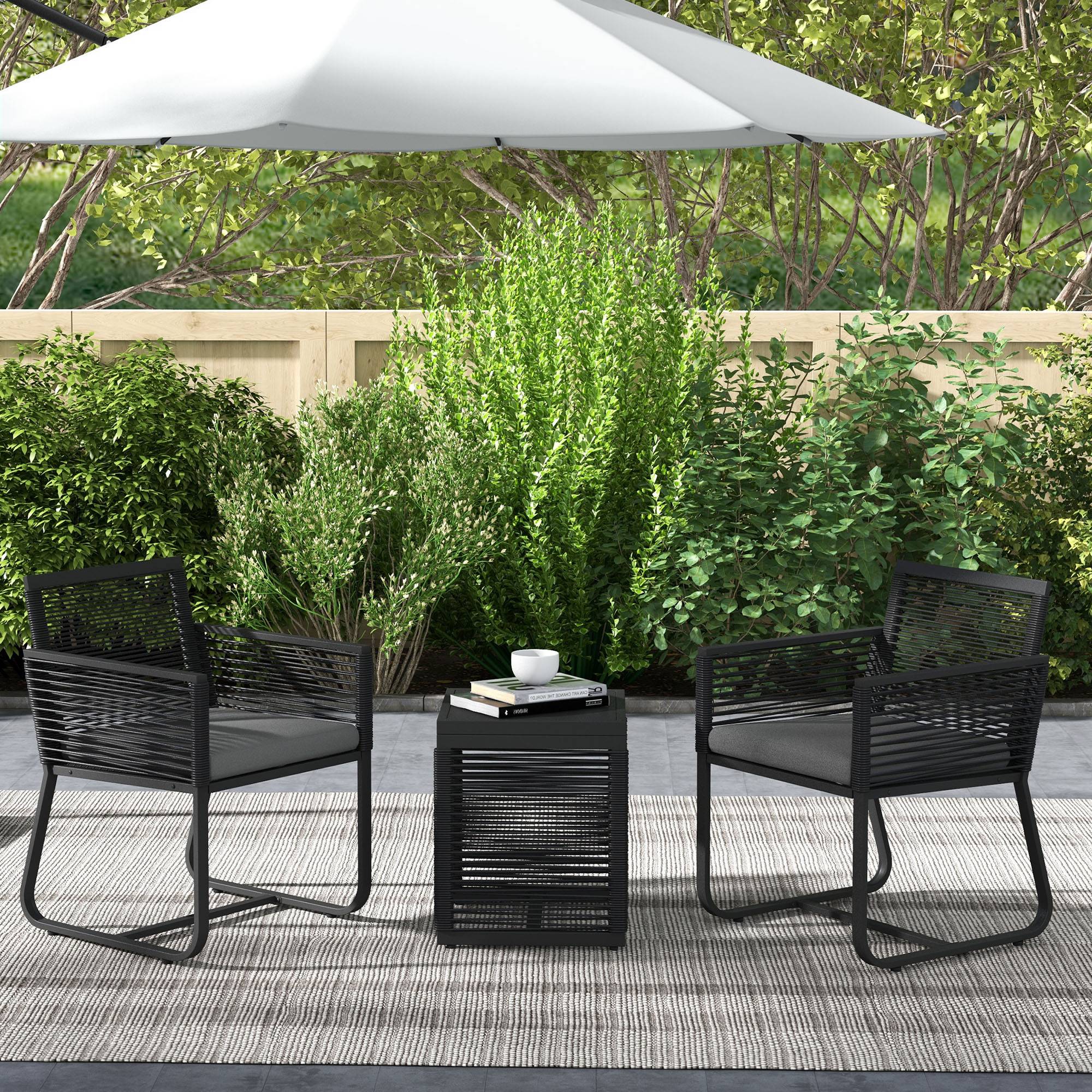 Ensemble jardin rotin, 2 chaises avec coussins et table basse verre, noir - Image 4