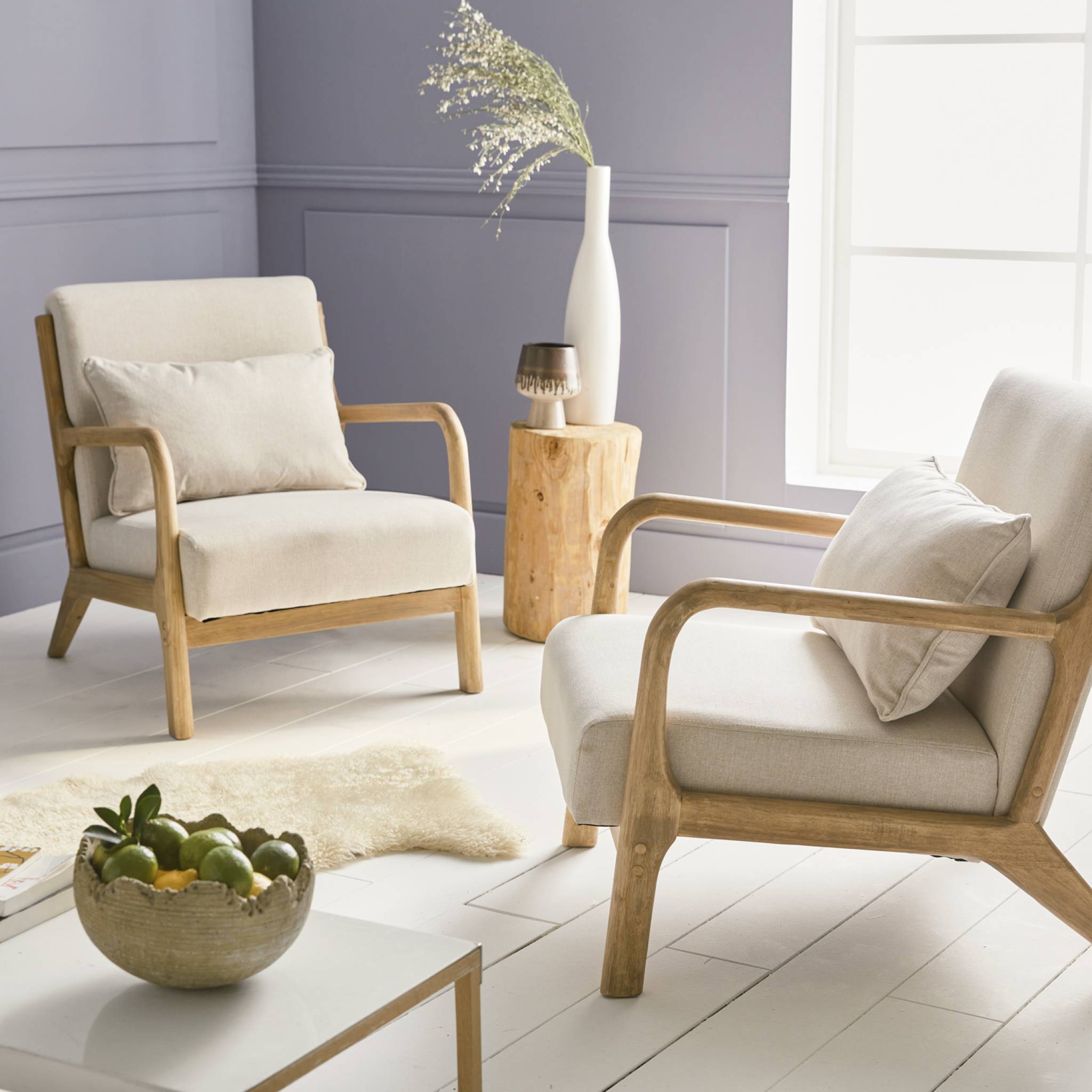 Fauteuil design en bois et tissu. 1 place droit fixe. pieds compas scandinave. structure en bois solide. assise confortable beige | sweeek - Image 4