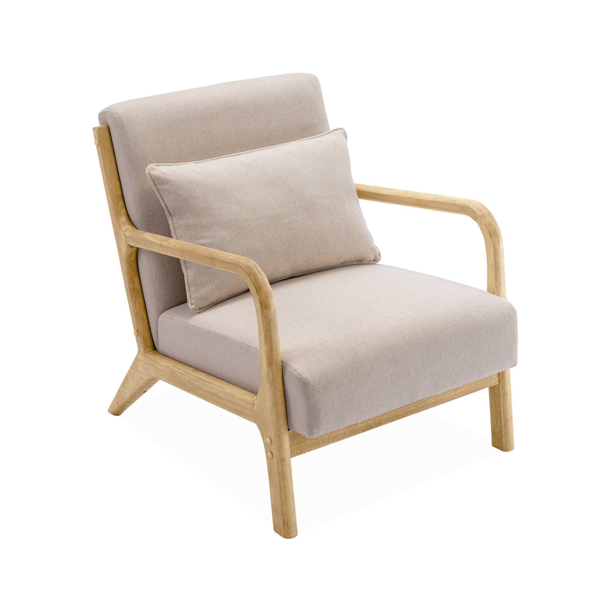 Fauteuil design en bois et tissu. 1 place droit fixe. pieds compas scandinave. structure en bois solide. assise confortable beige | sweeek - Image 2
