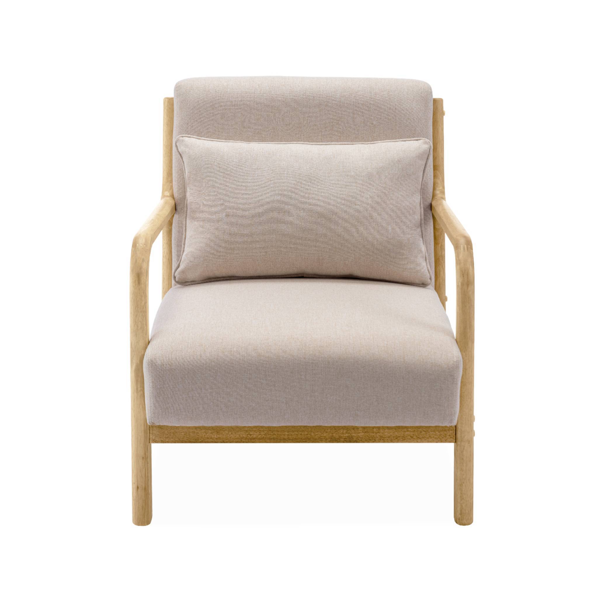 Fauteuil design en bois et tissu. 1 place droit fixe. pieds compas scandinave. structure en bois solide. assise confortable beige | sweeek - Image 7