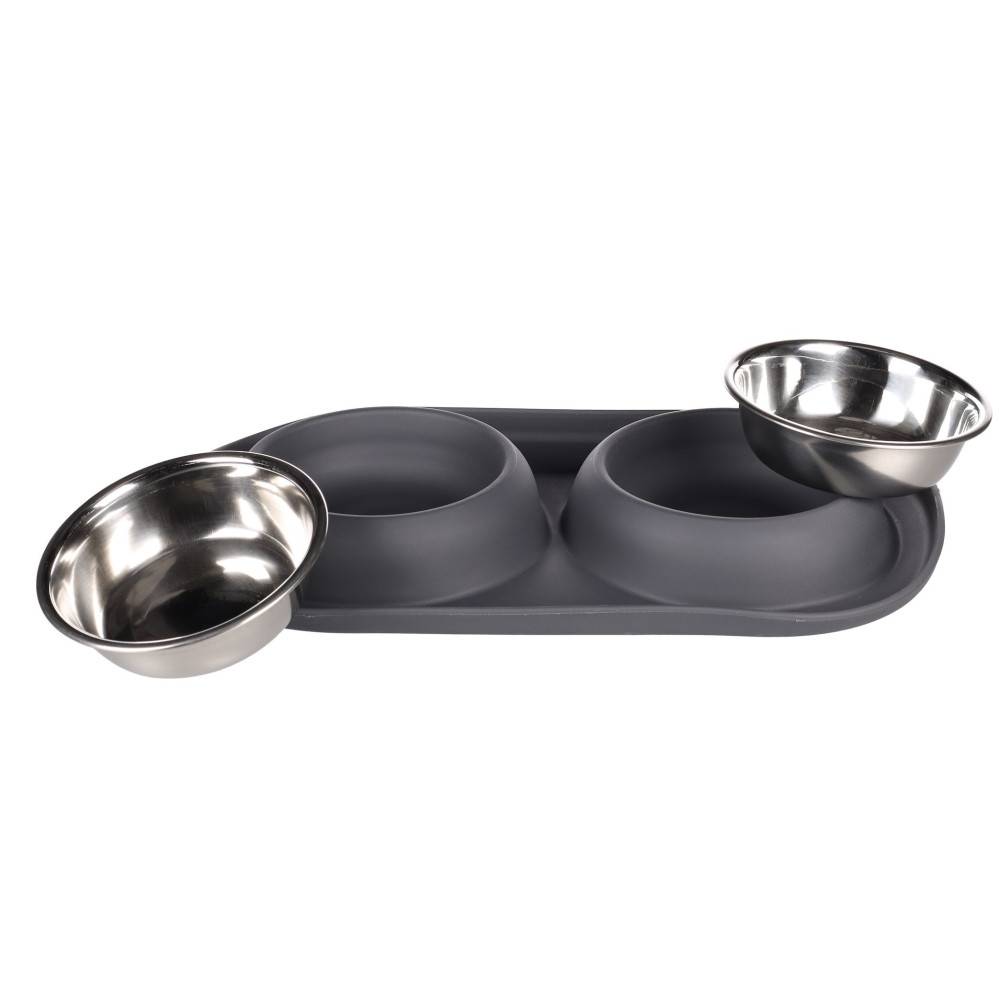 Gamelle Duo Grafa Ovale Gris foncé 2 x 220 ml pour l'eau et la nourriture pour petit chien - Imagen 2