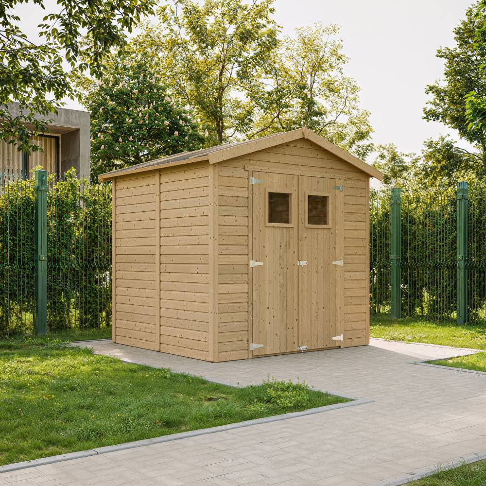 Timbela - Abri de Jardin en Bois Naturel H228x222x233 cm/ 4,2 m² avec fenêtres - Atelier rangement outils et vélos - 17 mm d’épaisseur - Timbela M351 - Image 1