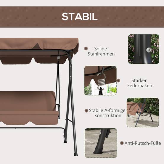 Balancelle de jardin 3 places acier extérieur toit inclinable confort 172x110cm marron - ComfortXL Outdoor Living - Image 7