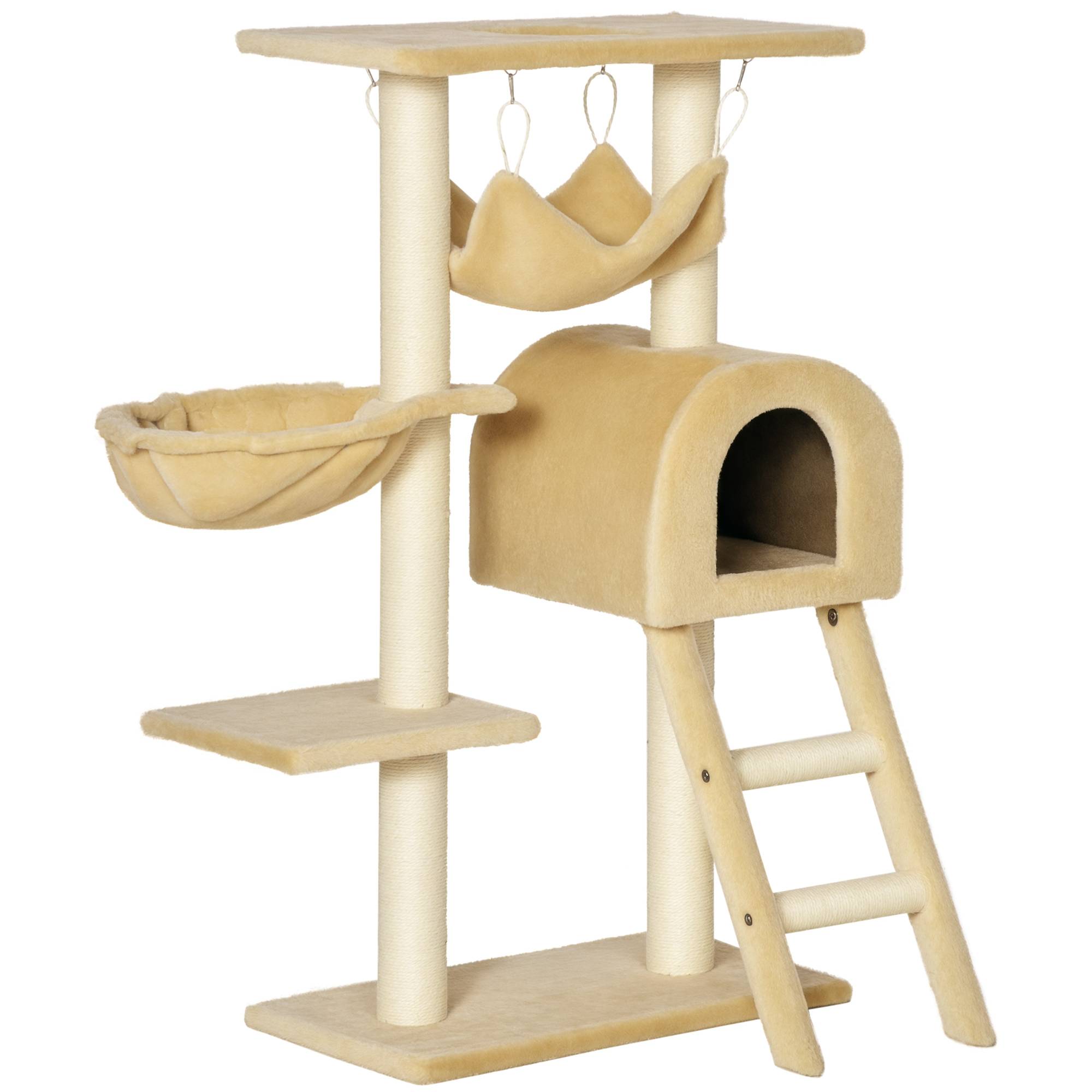 Arbre à chat multiligne avec hamac et maisonnette, cordes sisal naturel, 55×30×100cm - Image 1