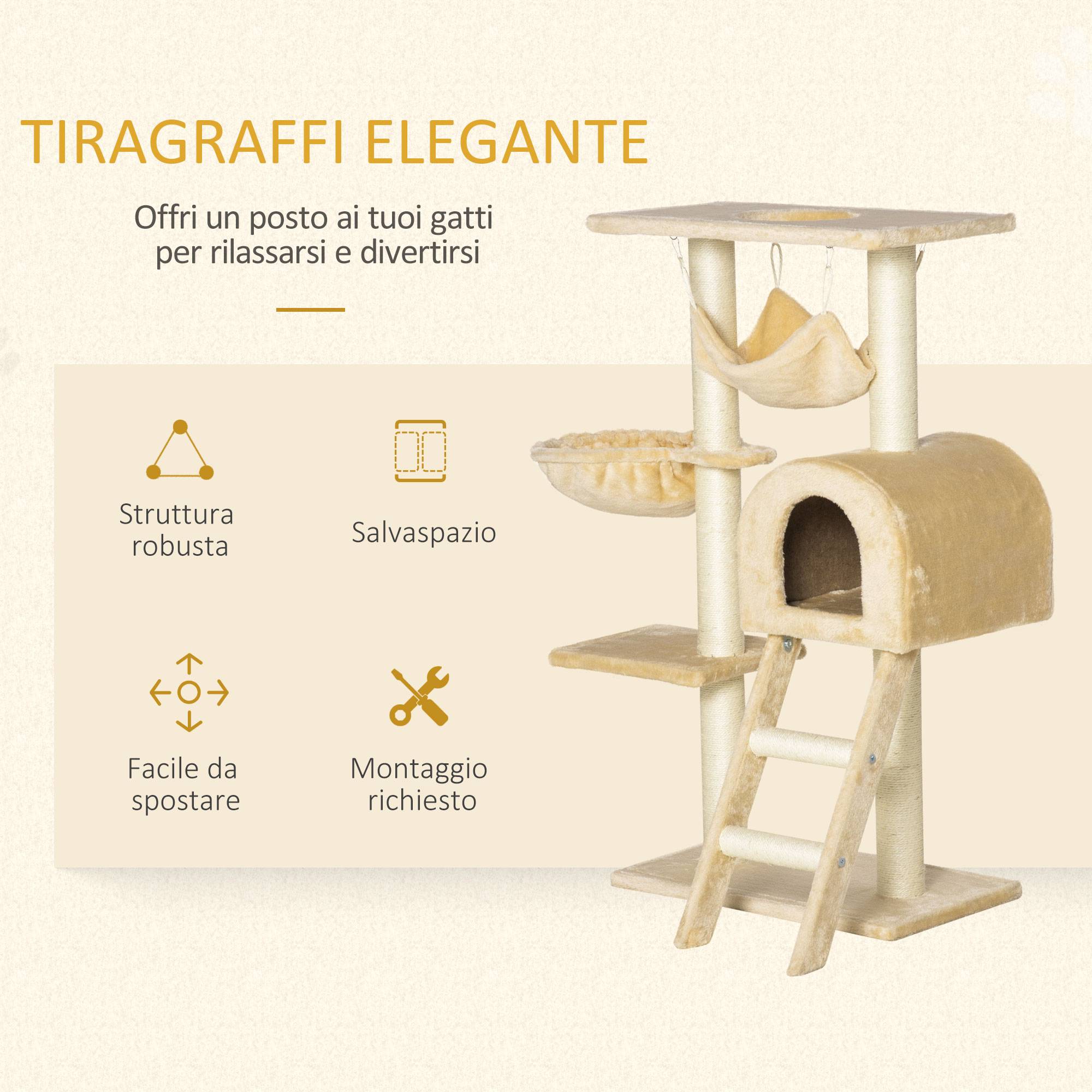 Arbre à chat multiligne avec hamac et maisonnette, cordes sisal naturel, 55×30×100cm - Image 6