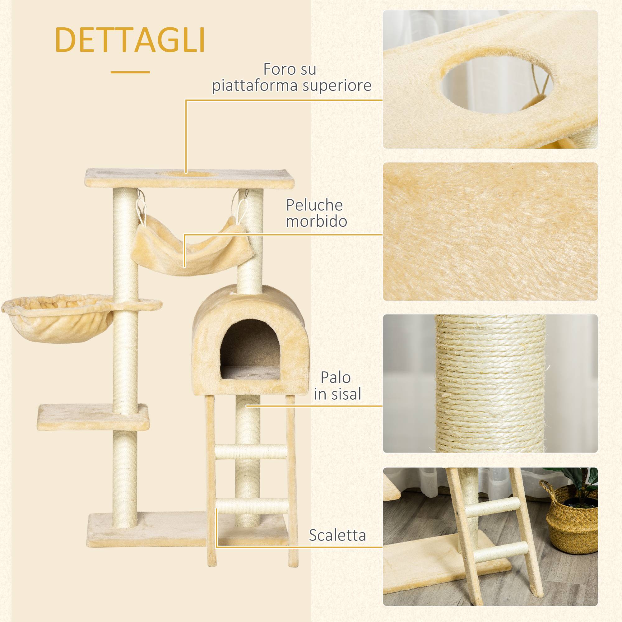 Arbre à chat multiligne avec hamac et maisonnette, cordes sisal naturel, 55×30×100cm - Image 8