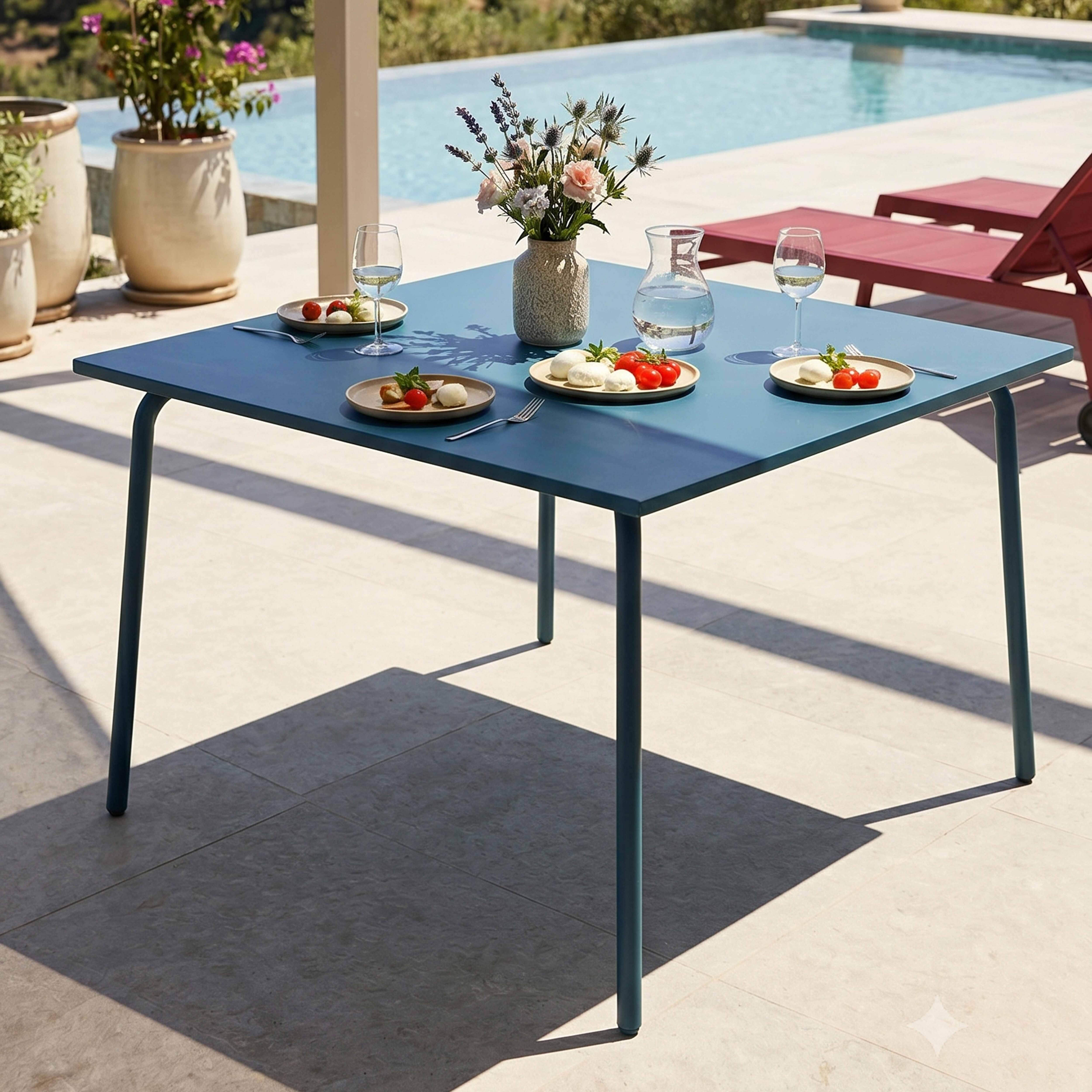 Oviala - Table de jardin carrée en métal 8 places 120 cm bleu pacific Palavas - Oviala - Imagen 2