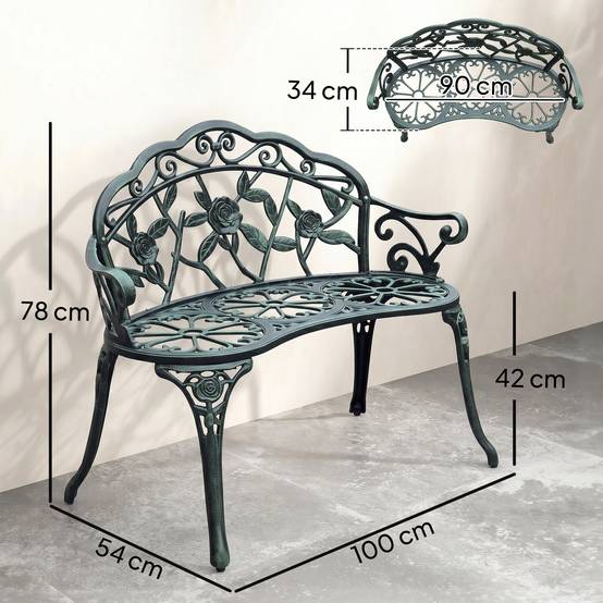 Banc de Jardin 2 Places Style néo-rétro Motif Rose Lignes fuselées 100L x 54l x 78H cm Fonte d'aluminium Vert - Image 5
