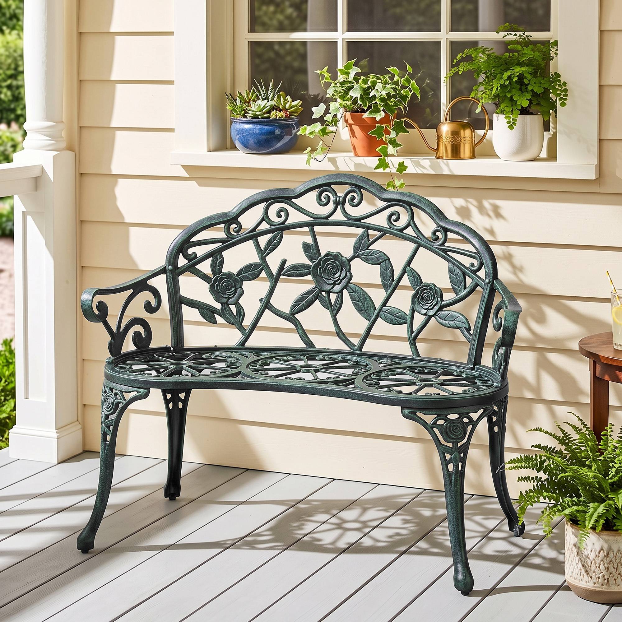 Banc de Jardin 2 Places Style néo-rétro Motif Rose Lignes fuselées 100L x 54l x 78H cm Fonte d'aluminium Vert - Image 3