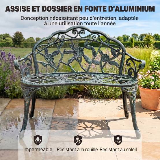 Banc de Jardin 2 Places Style néo-rétro Motif Rose Lignes fuselées 100L x 54l x 78H cm Fonte d'aluminium Vert - Image 7