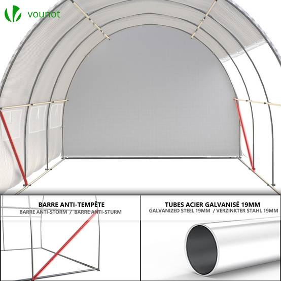Vounot - Serre de jardin tunnel Toute Saison 6m² - 3L x 2l x 2H m - fenêtres et portes latérales zippées enroulables, barre anti-tempête - Image 7