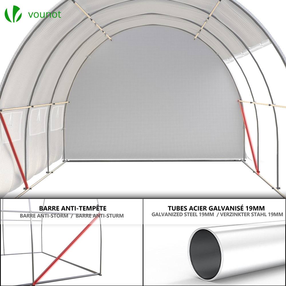 Vounot - Serre de jardin tunnel Toute Saison 6m² - 3L x 2l x 2H m - fenêtres et portes latérales zippées enroulables, barre anti-tempête - Image 7