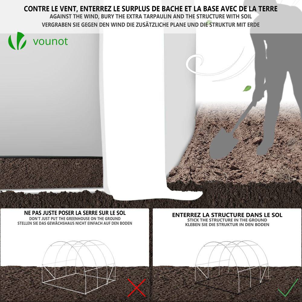 Vounot - Serre de jardin tunnel Toute Saison 6m² - 3L x 2l x 2H m - fenêtres et portes latérales zippées enroulables, barre anti-tempête - Image 6