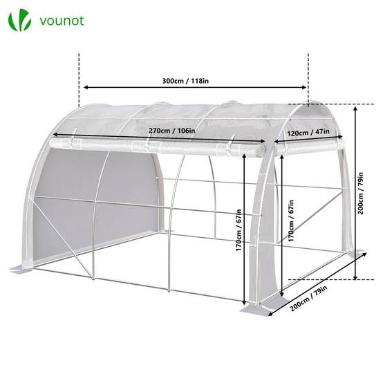 Vounot - Serre de jardin tunnel Toute Saison 6m² - 3L x 2l x 2H m - fenêtres et portes latérales zippées enroulables, barre anti-tempête - Image 2
