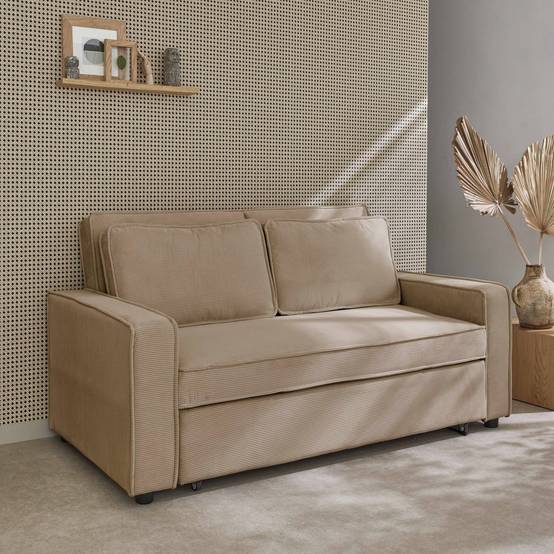 sweeek - Canapé convertible 2 places blanc beige velours côtelé. banquette. lit | sweeek - Image 5