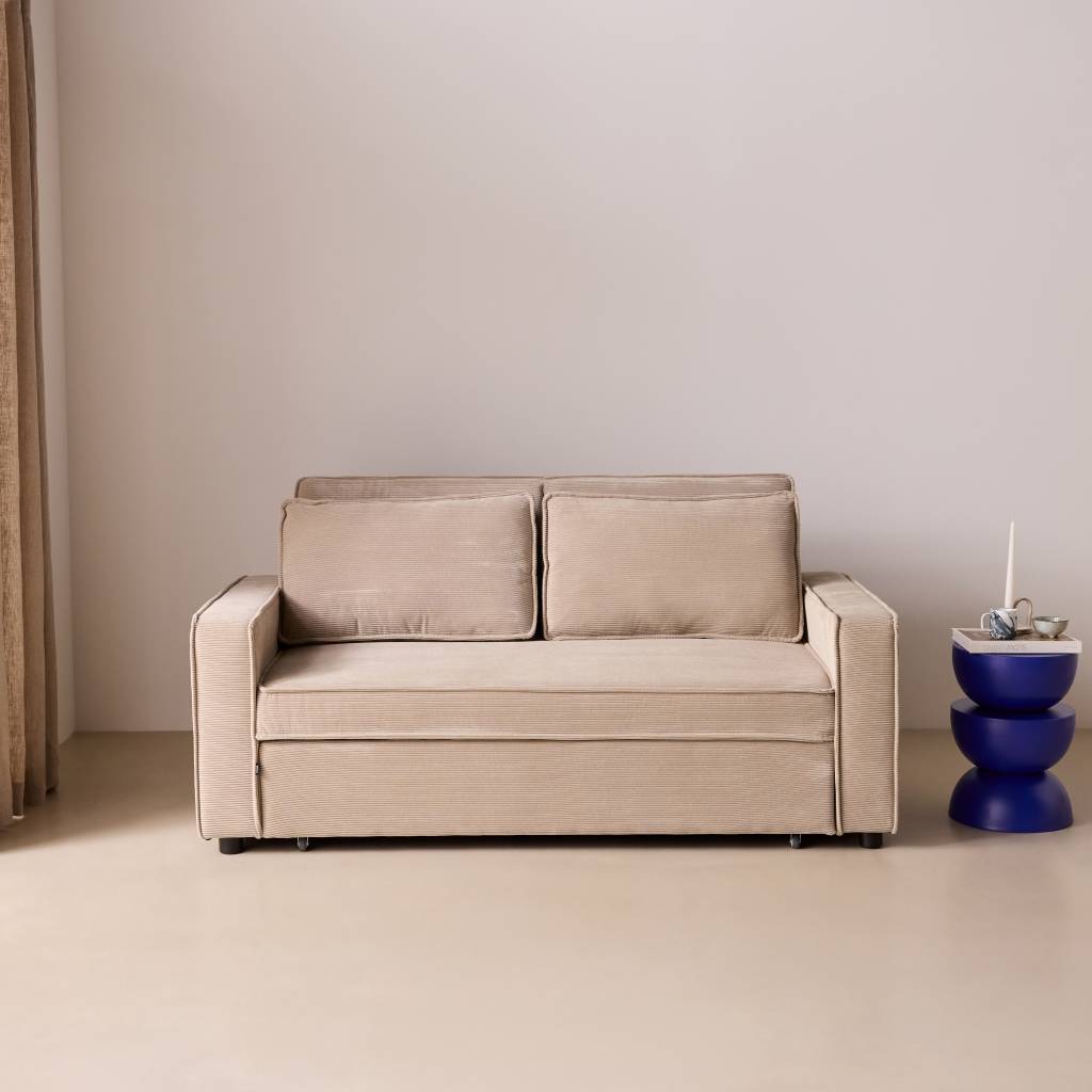 sweeek - Canapé convertible 2 places blanc beige velours côtelé. banquette. lit | sweeek - Image 1