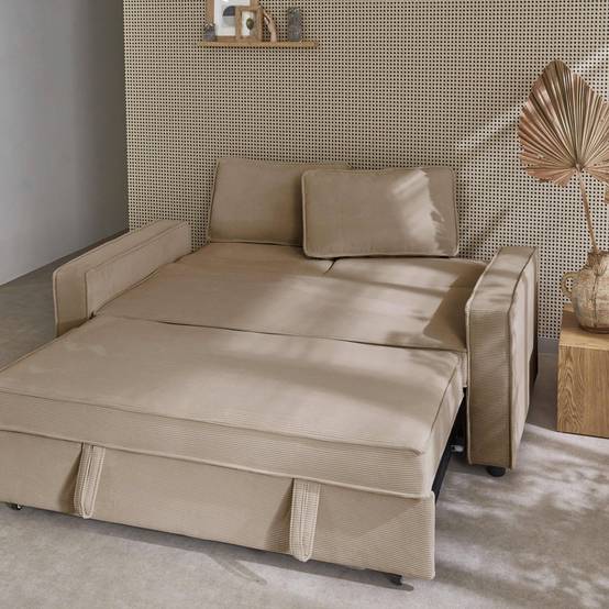 sweeek - Canapé convertible 2 places blanc beige velours côtelé. banquette. lit | sweeek - Image 7