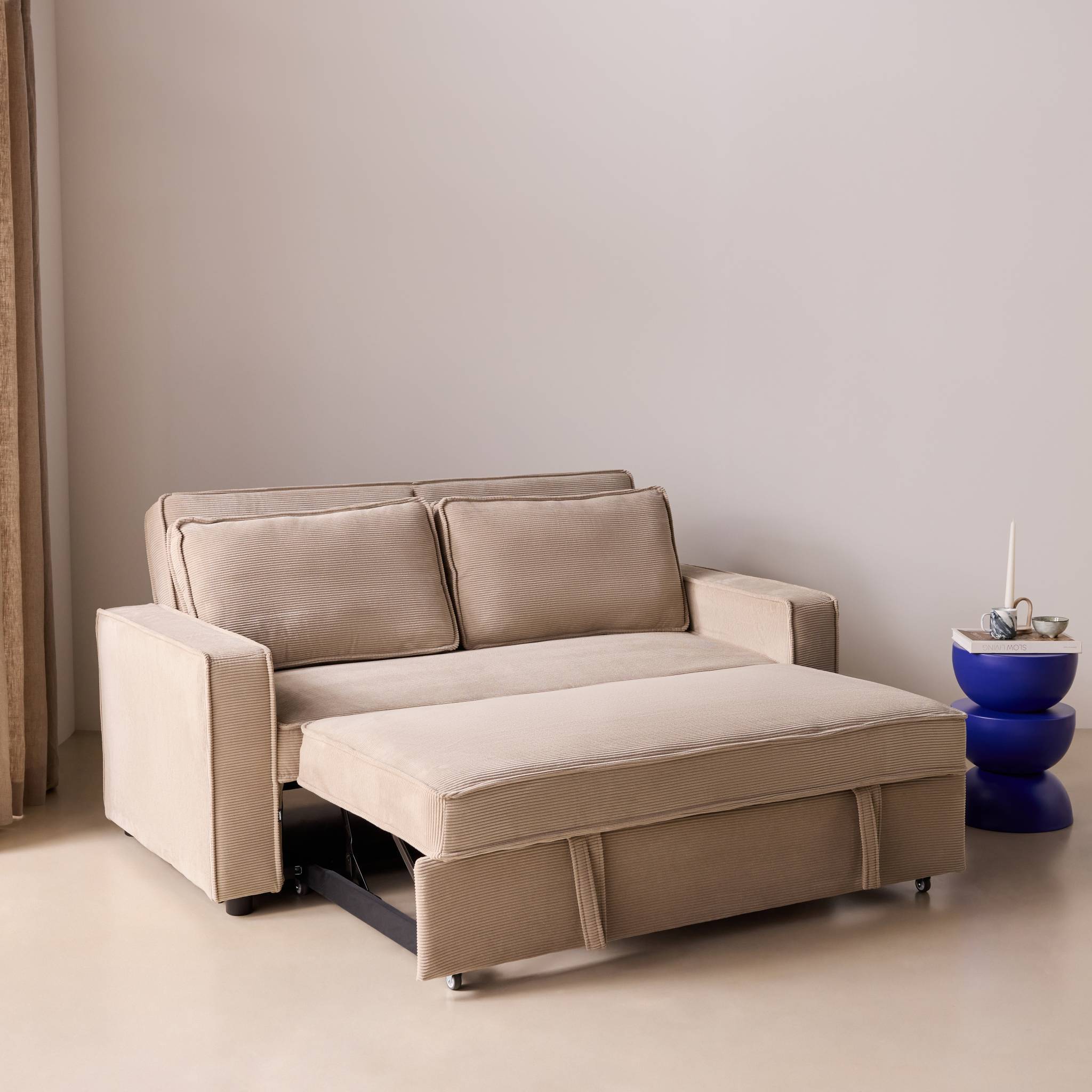 sweeek - Canapé convertible 2 places blanc beige velours côtelé. banquette. lit | sweeek - Image 6