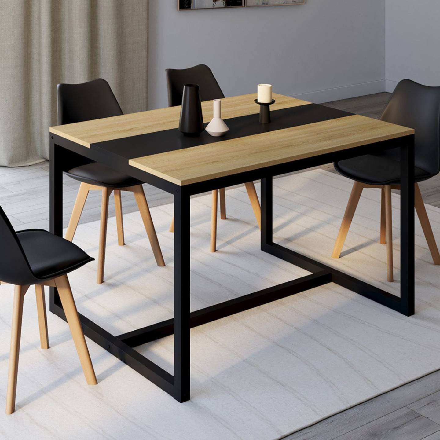 Table à manger rectangle DOVER 6 personnes bande centrale noire design industriel 120 cm - Image 1